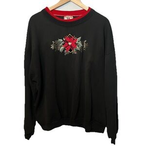 Vintage Christmas Sweatshirt Embroidered Poinsettia Top Stitch USA size XL black